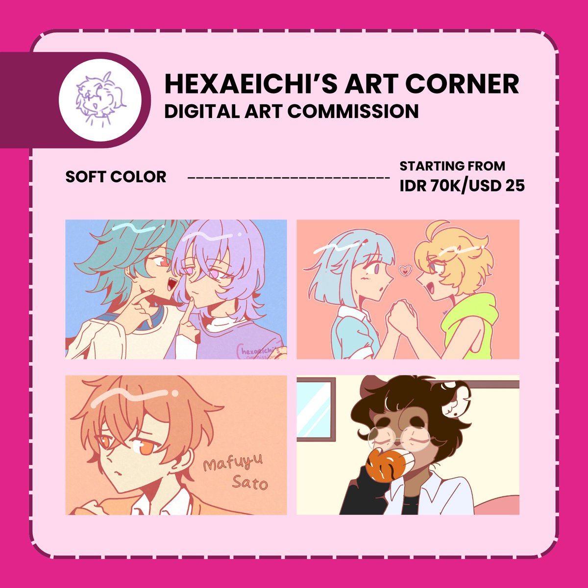 [💜 &amp; 🔁 are appreciated!]

OPEN VARIOUS TYPE OF COMMISSIONS!
FROM CHIBI DOODLE, CHIBI YCH, FULL RENDERED ILLUSTRATIONS AND FLAT COLORED ILLUSTRATIONS

LIMITED SLOT, ORDER BEFORE FULL ❗

Vgen: vgen.co/hexaeichi
#commission #opencommission #commissionindonesia