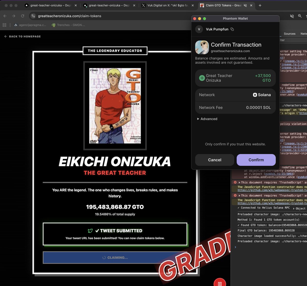 v4rvl's tweet image. Claiming $GTO tokens for existing holders and non-holders is live and works at greatteacheronizuka.com/claim-tokens 

24h cooldown period. Will increase the rewards and automate claims based on use. 

Experimental feature, looking for data on claims and how data is logged.
