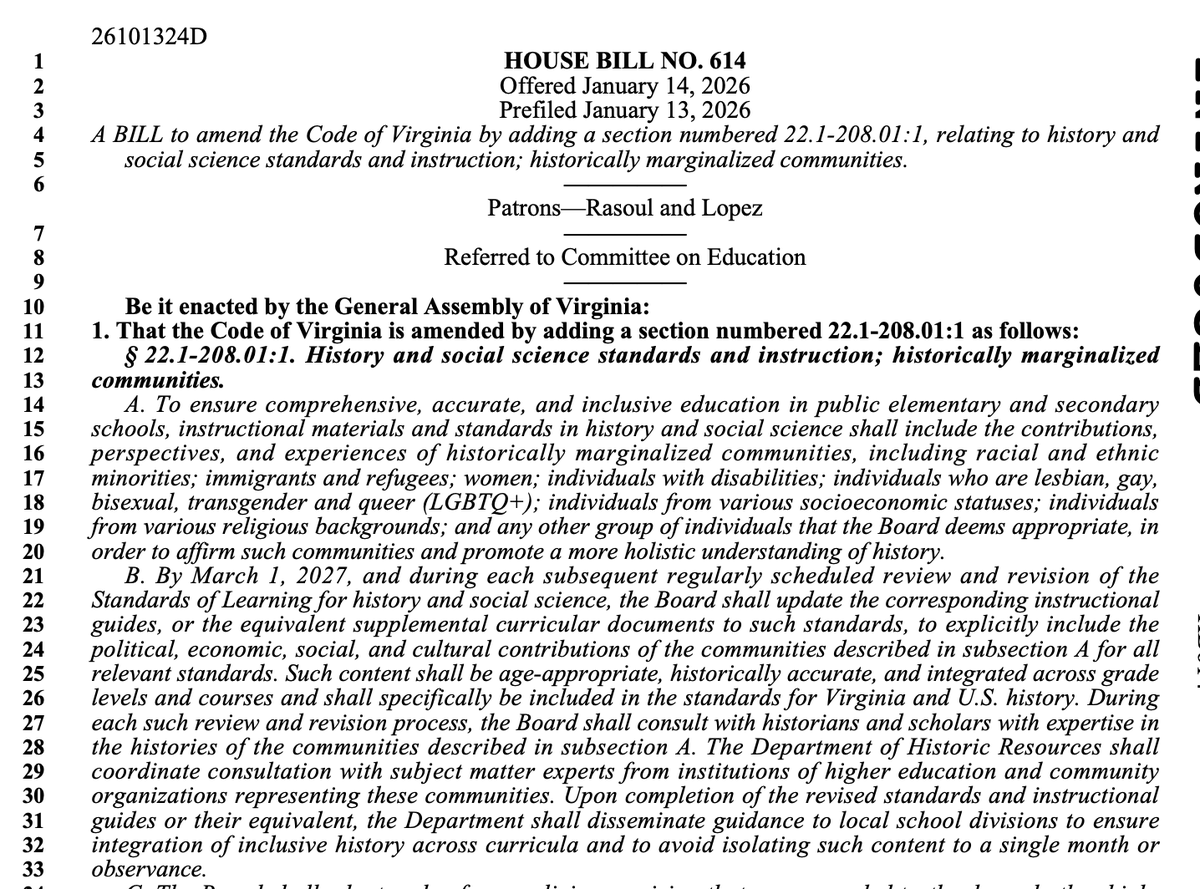 greg_price11's tweet image. Virginia Democrats have introduced a bill that mandates children be taught "inclusive history" that includes every marginalized group on the planet including "transgender and queer" people.