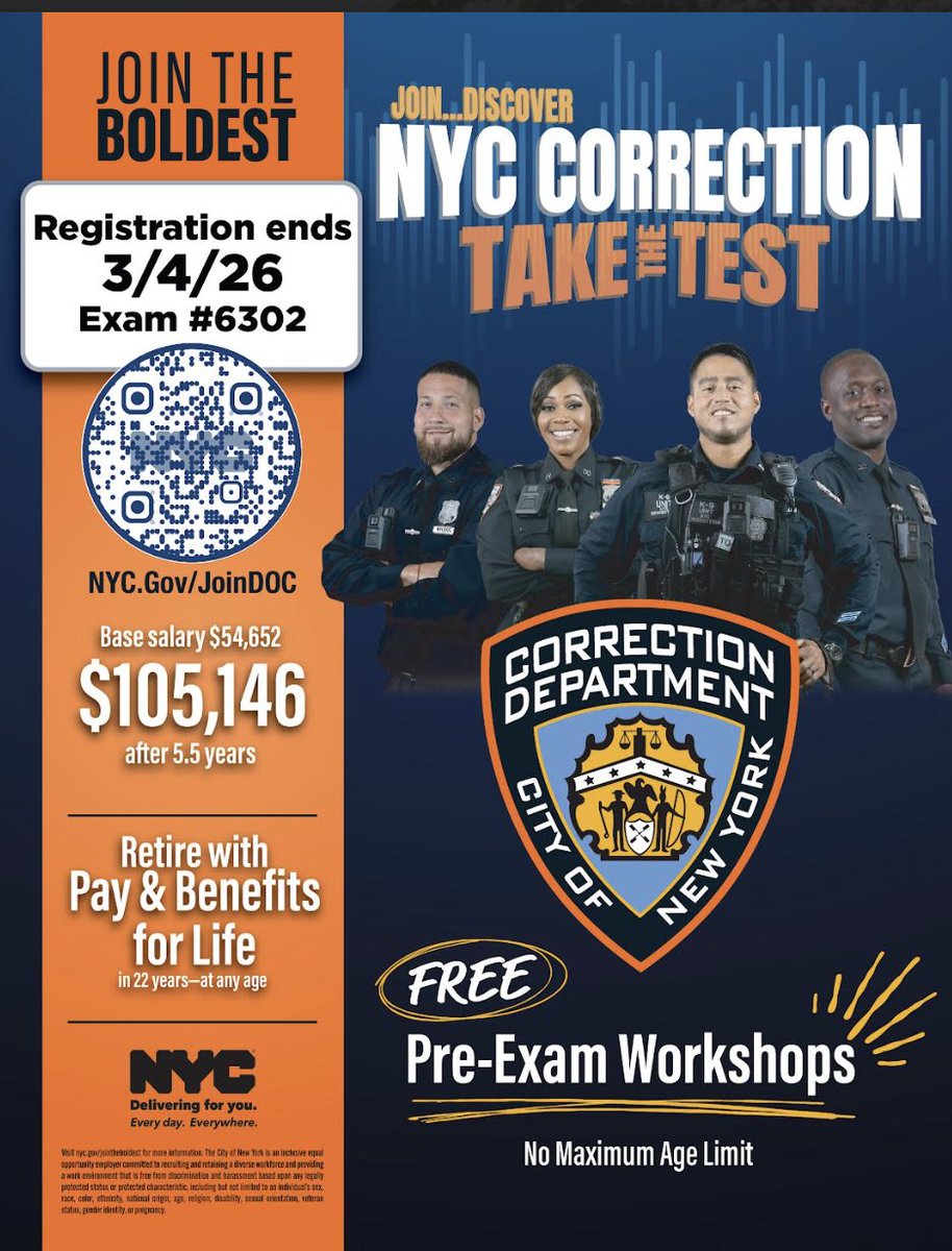 NYC Correction is hiring! Registration for Exam #6302 is open now and closes 3/4/26. Competitive pay, strong benefits, and FREE pre-exam workshops available. Learn more: NYC.gov/JoinDOC.