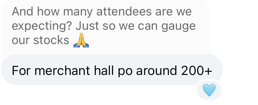 To that one org :) hindi kasalanan ng merchants na walang tao sa market. 3k for a table then you said there will be 200 attendees only to see what 50 people? Telling us to arrive at 9am only to let us in at 11am? Blaming someone else about the 2hr wait rather than going to us