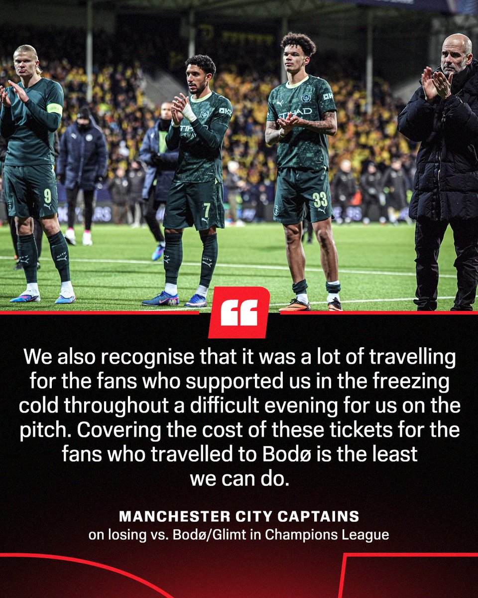 ESPNFC's tweet image. Bernardo Silva, Rúben Dias, Erling Haaland and Rodri announced they will refund the cost of tickets for nearly 400 supporters who made the trip to Norway for the 3-1 defeat to Bodø/Glimt in the Champions League.