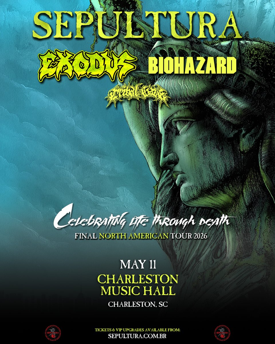 JUST ANNOUNCED ✦Sepultura
📅 Monday, May 11, 2026
📍 Charleston Music Hall- Charleston, SC
On Sale 1/23 at 10AM ✧ charlestonmusichall.com