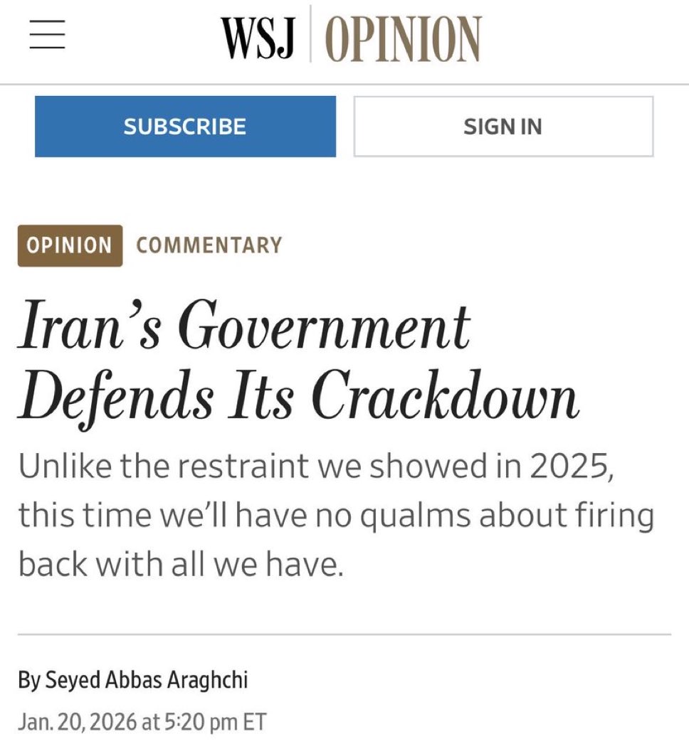 AGHamilton29's tweet image. The WSJ’s decision to publish a propaganda op-ed from a representative of a terror regime that is currently murdering thousands of Iranians while also blocking all access to Internet is indefensible. 

Shows incredibly bad editorial judgement.