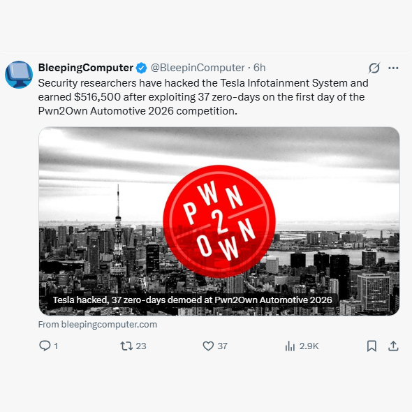 Tomasthanes's tweet photo. If you drive a Tesla, did you think that your car was secure? And these 37 zero-days were just on the "Infotainment" system.
https://t.co/nTLYmUAU0o
#Tesla #Infotainment #ZeroDay #ZeroDays #NotSecure (at all) https://t.co/Iairp7iPf7