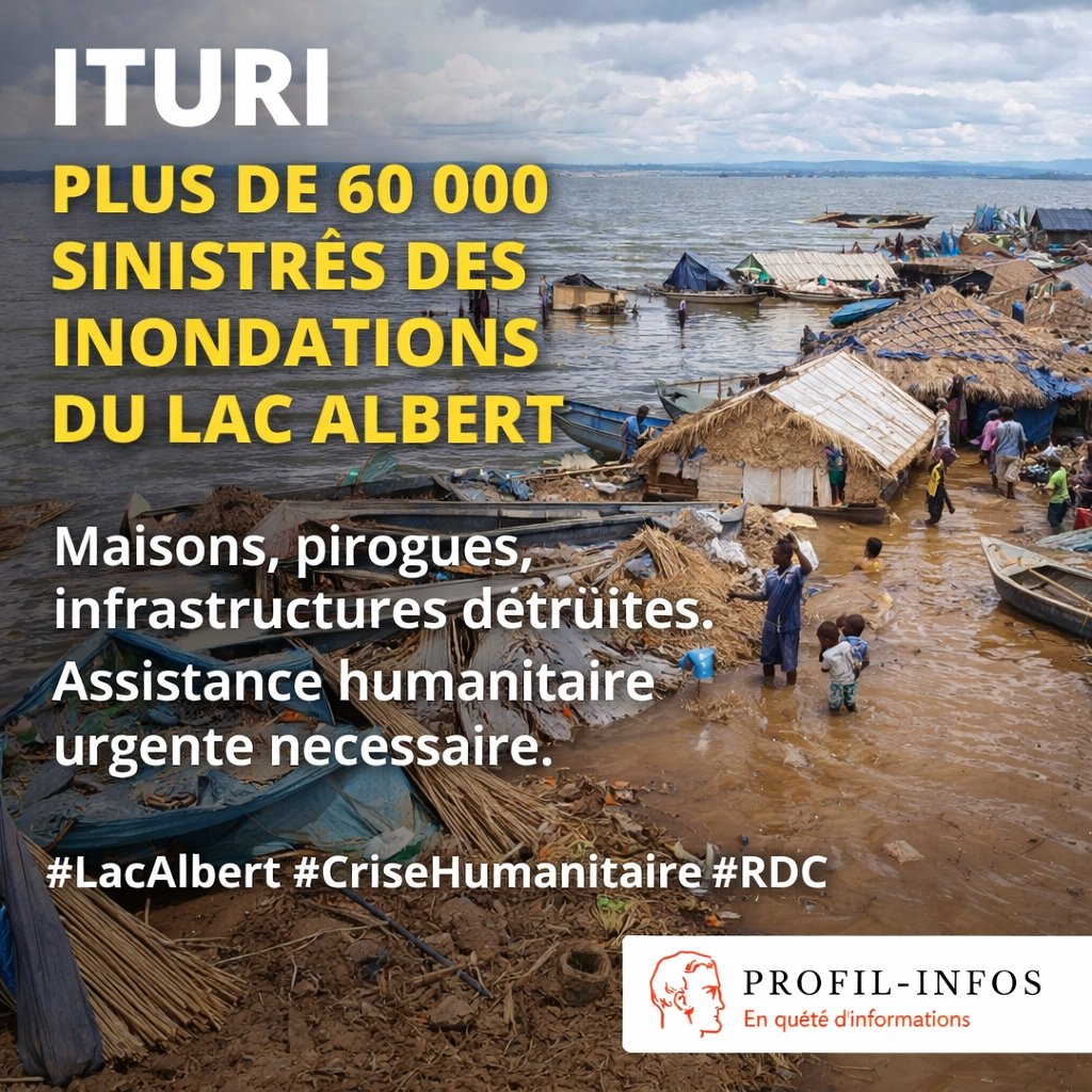 🌊 Ituri | Inondations du lac Albert
Depuis 2019, plus de 63 850 personnes sont sinistrées dans les territoires de Mahagi, Djugu et Irumu.
📉 Maisons, pirogues, filets de pêche et infrastructures sanitaires détruits.
⚠️ Insécurité alimentaire et risques sanitaires en hausse.

📢