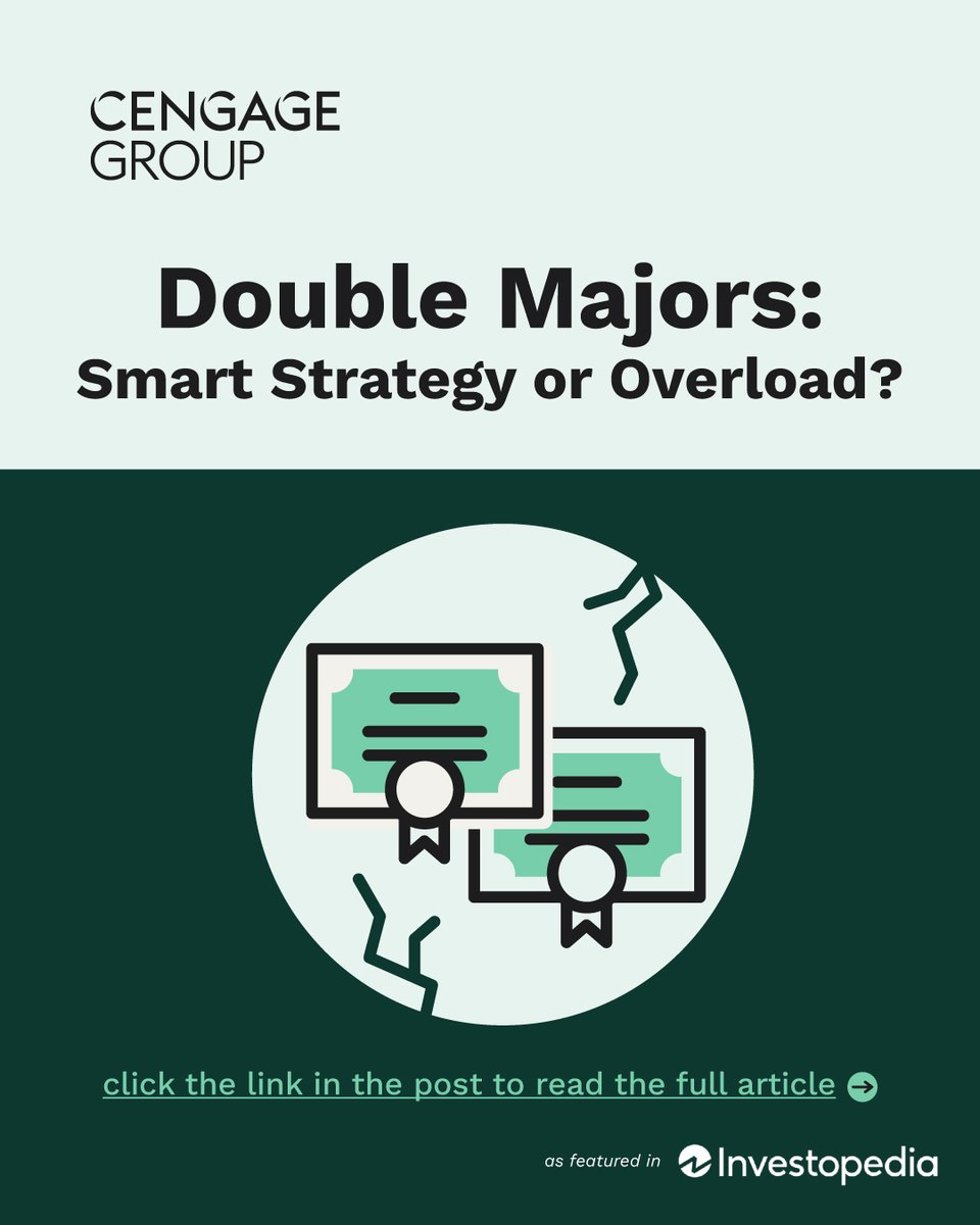 CengageLearning's tweet image. Is double majoring the key to standing out in a tough #jobmarket? For some students, it might be, as just 3 in 10 have landed jobs in their field, according to our 2025 Employability Report. Learn more in @Investopedia: bit.ly/4baBJT7