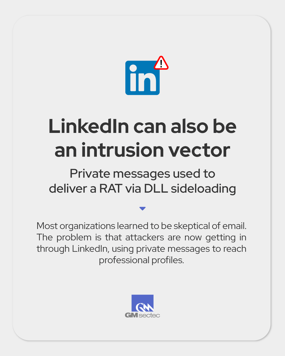 LinkedIn DMs are being used to deliver a RAT via DLL sideloading. The lure: a WinRAR self-extracting file with a legit PDF reader, a malicious DLL, Python for in-memory execution, and persistence at login. Email-only monitoring leaves a major blind spot.

#LinkedIn #Malware #RAT