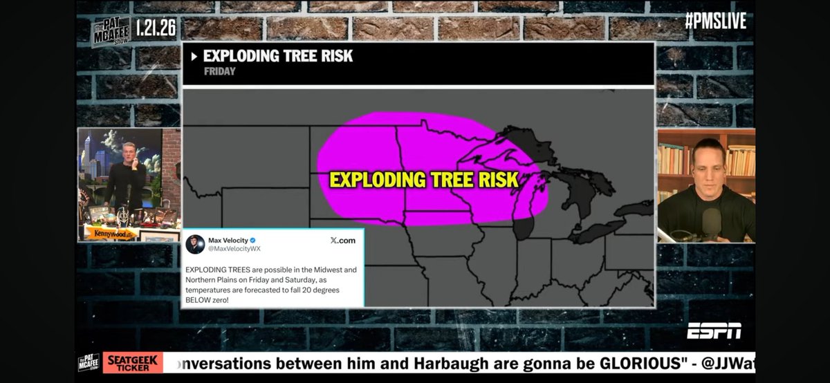 Curtios1's tweet photo. @MaxVelocityWX Watching the Pat Mcafee Show and they pull up your tweet about the possibility of exploding trees https://t.co/OzvPNUbLUX