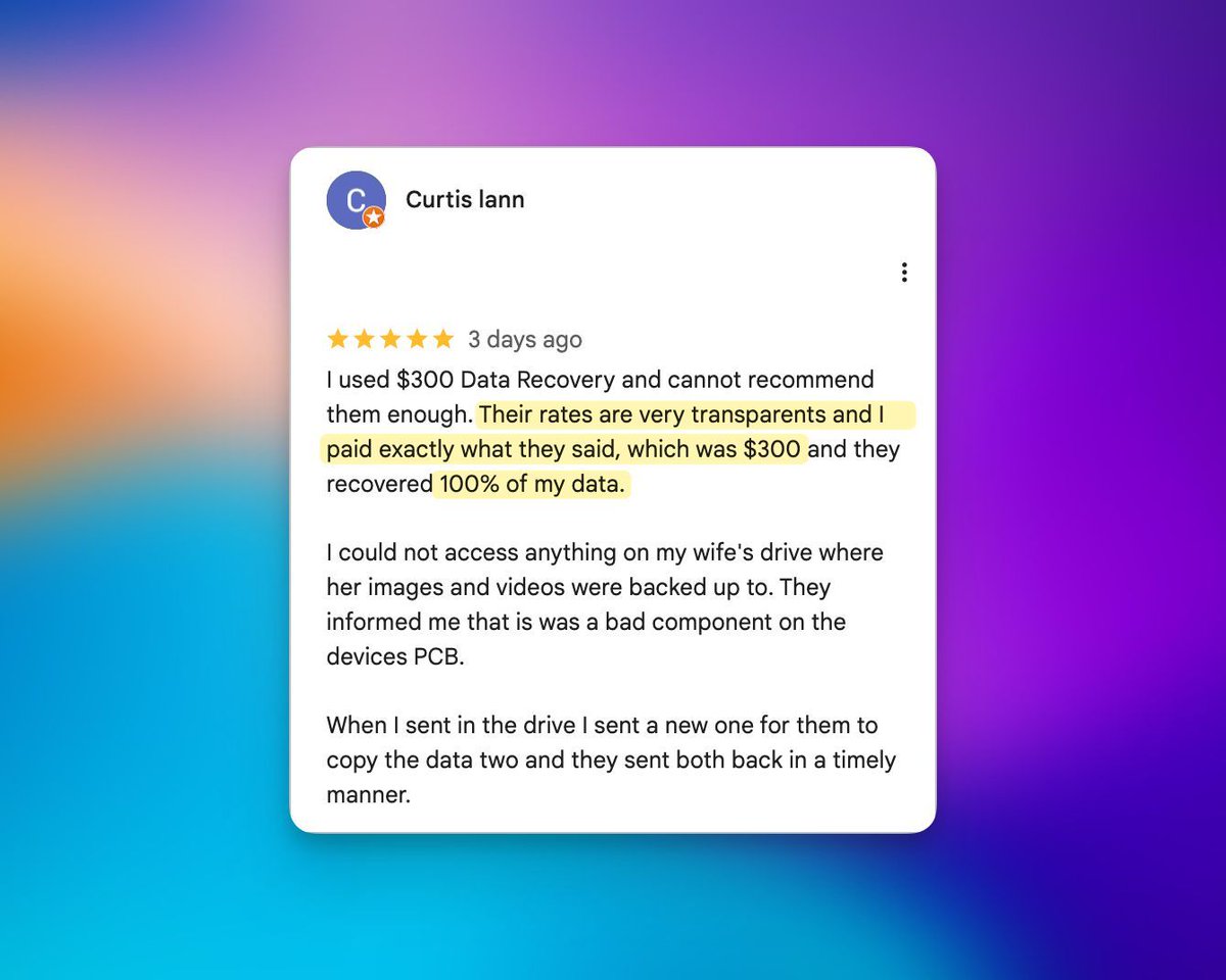 Another happy customer! 💾 We recovered 100% of precious family photos &amp; videos from a failed drive with PCB issues ✨ Transparent pricing, complete recovery, memories saved! 🎉💪 That's what we do at $300 Data Recovery 🔧 #DataRecovery #300DDR #TechHeroes buff.ly/SZ4ELq7