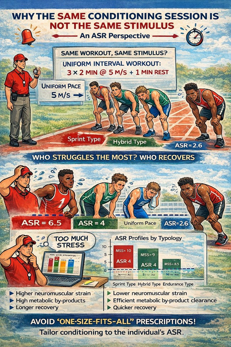 JayuLuis's tweet photo. 🏃‍♂️⚡ Same workout ≠ same stimulus
Absolute pace.
3 different responses.
An ASR perspective: 🔴 Sprint-type → higher neuromuscular strain

#SportsScience #ASR #Conditioning #AthleteProfiling #PerformanceTraining #BasketballTraining 🧠💨 https://t.co/ZPWebXL5qH