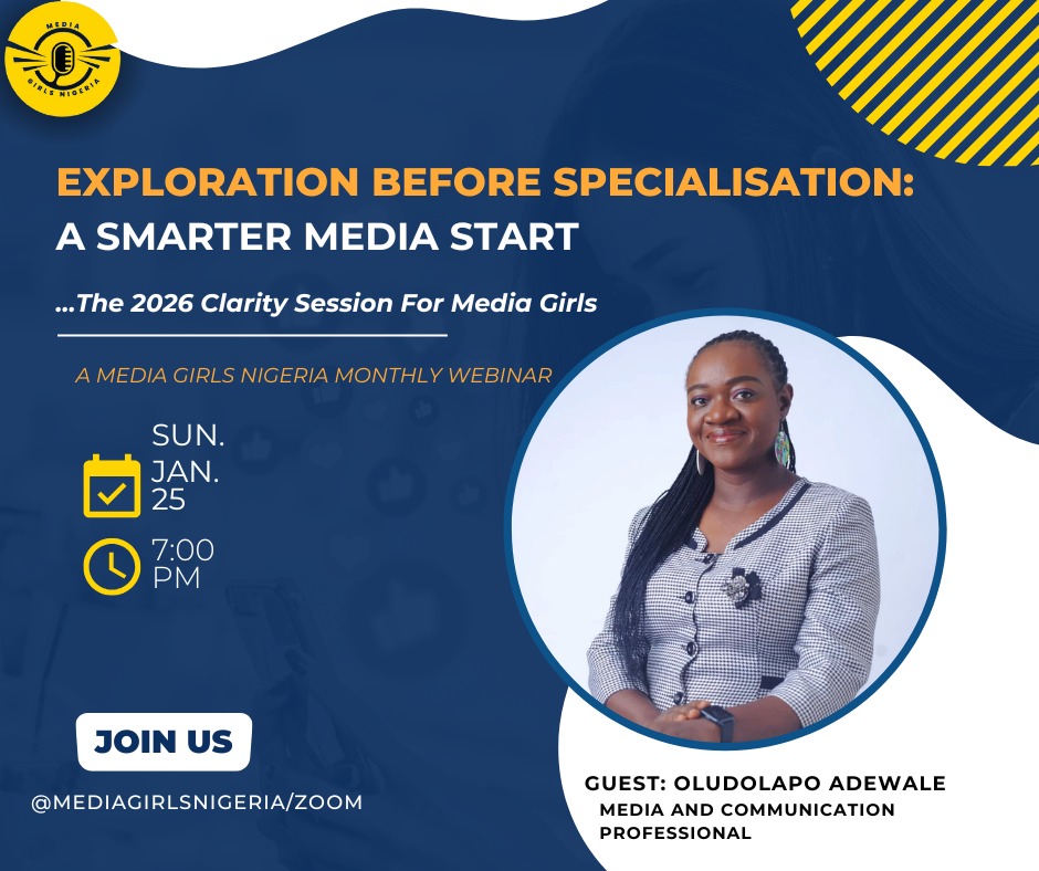 Sharing my knowledge makes my adrenaline increase!
I'm excited that this Sunday at 7pm WAT, I'll be with my people, MEDIA GIRLS NIGERIA.
Don't forget to connect via our YouTube page.
I'll be speaking on 'Exploration before specialisation; A smarter media start.
@mediagirlsnigeria