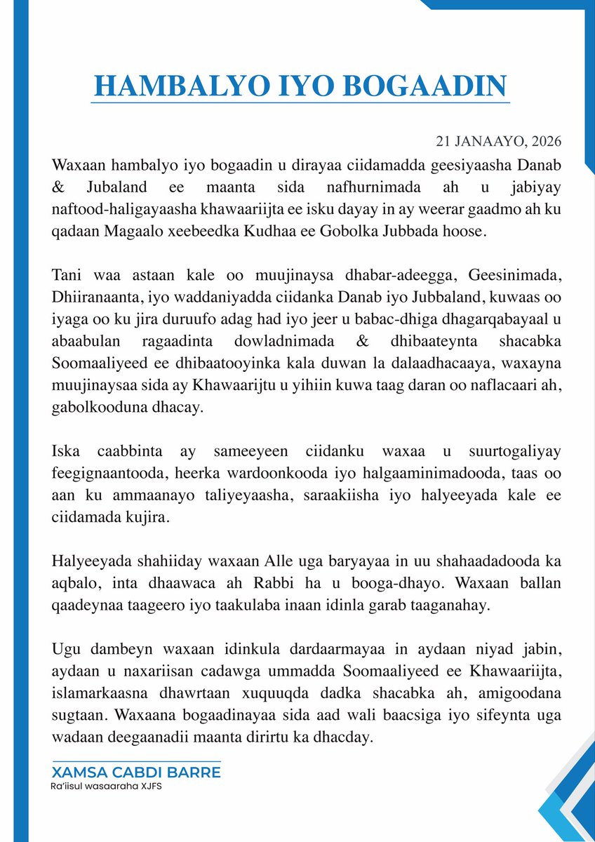 I salute our heroic #Danab &amp; #Jubaland forces in #Kudhaa, Lower Juba; for their bravery , vigilant. They stood firm, broke the cowardly and collapsing Khawarije’s assault, protected our civilians, and proved once more that #Somalia’s enemies may plot in the shadows, but they will