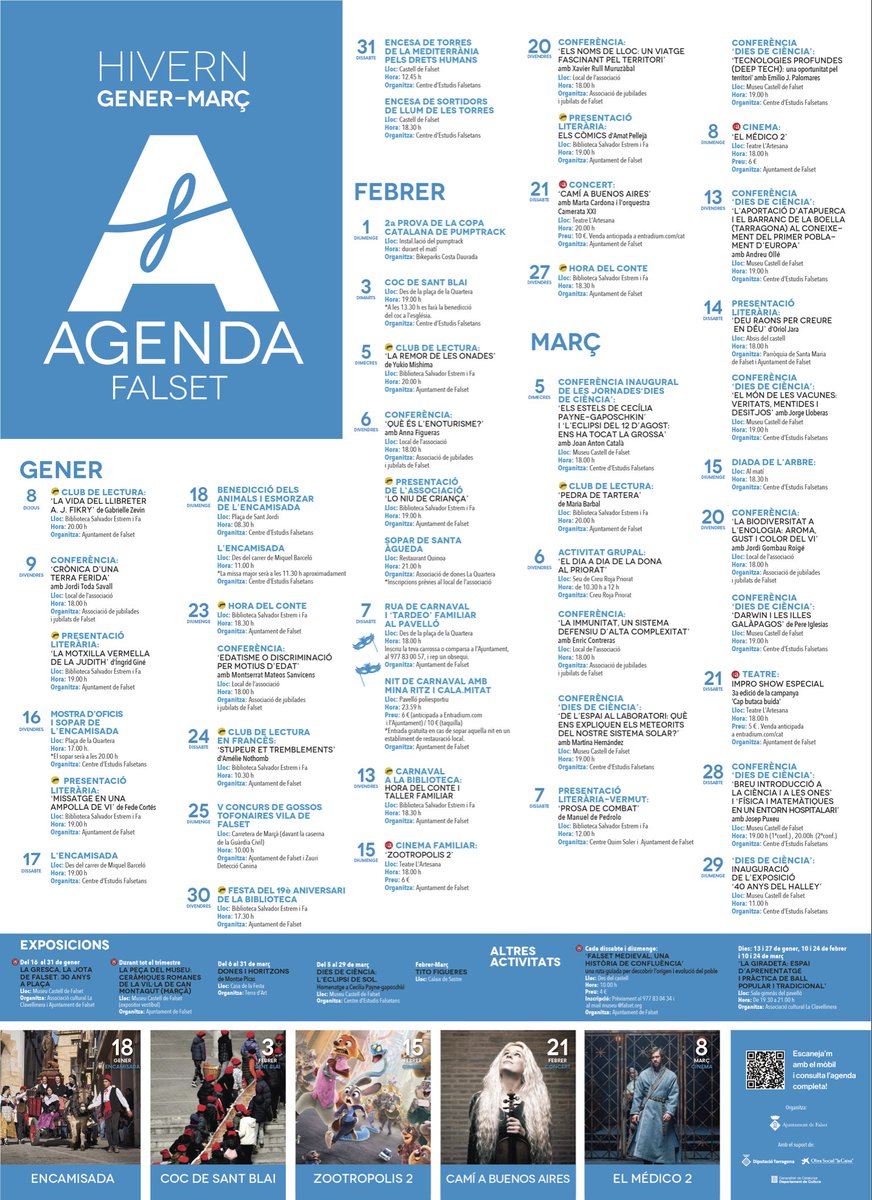 Acabada la programació de Nadal i l’Encamisada, el primer trimestre de l’any arriba carregat d’activitat cultural a Falset!

✍️Consulta ja l’agenda del gener, febrer i març!