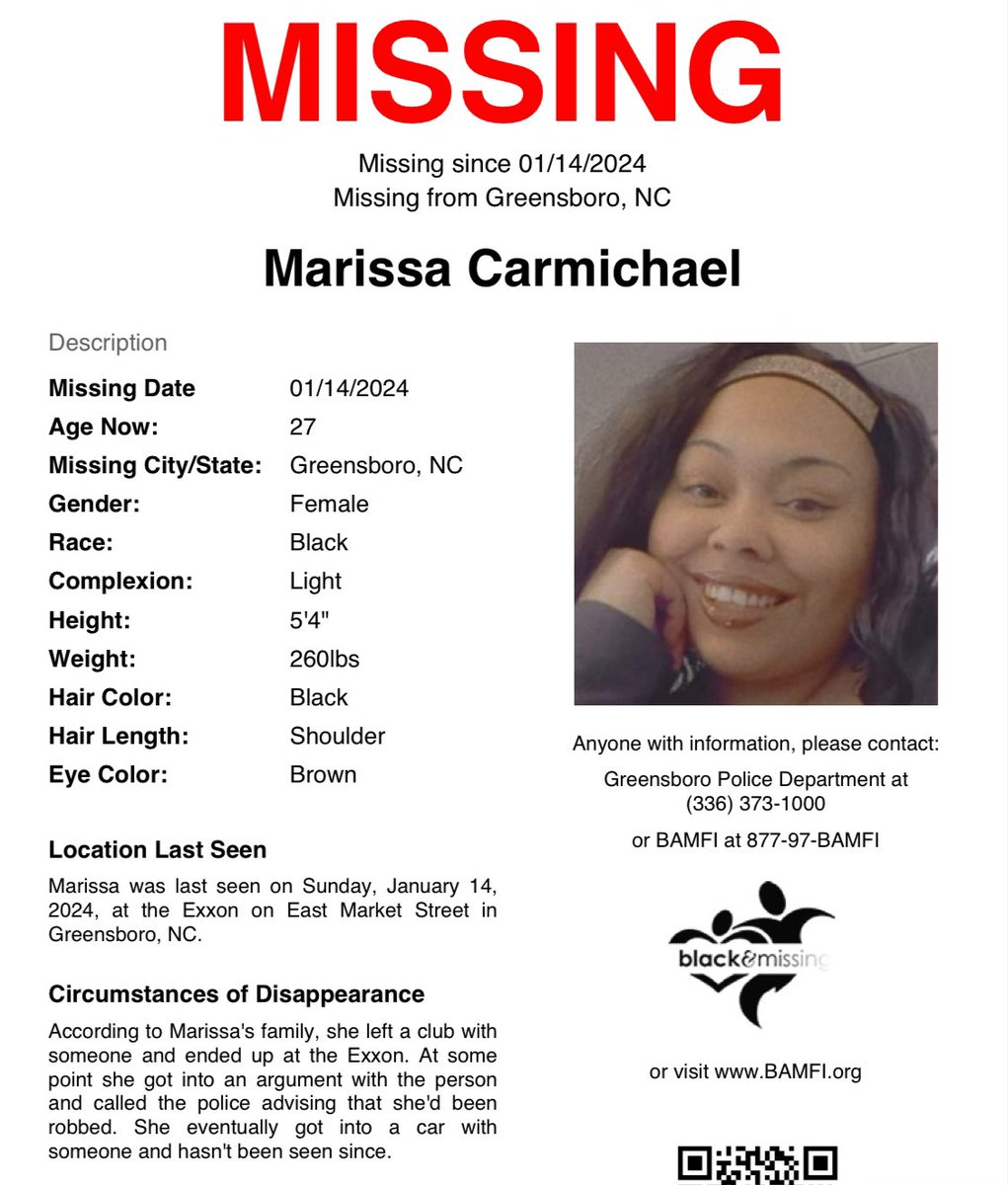 BAM_FI's tweet image. #Greensboro, #NC: Last Wed marked 2yrs since then 25y/o #MarissaCarmichael disappeared. She was last seen on Jan 14, 2024, at the Exxon on E Market St, after leaving the club with someone. She got into an argument with them &amp;amp; called police advising that she'd been robbed. She