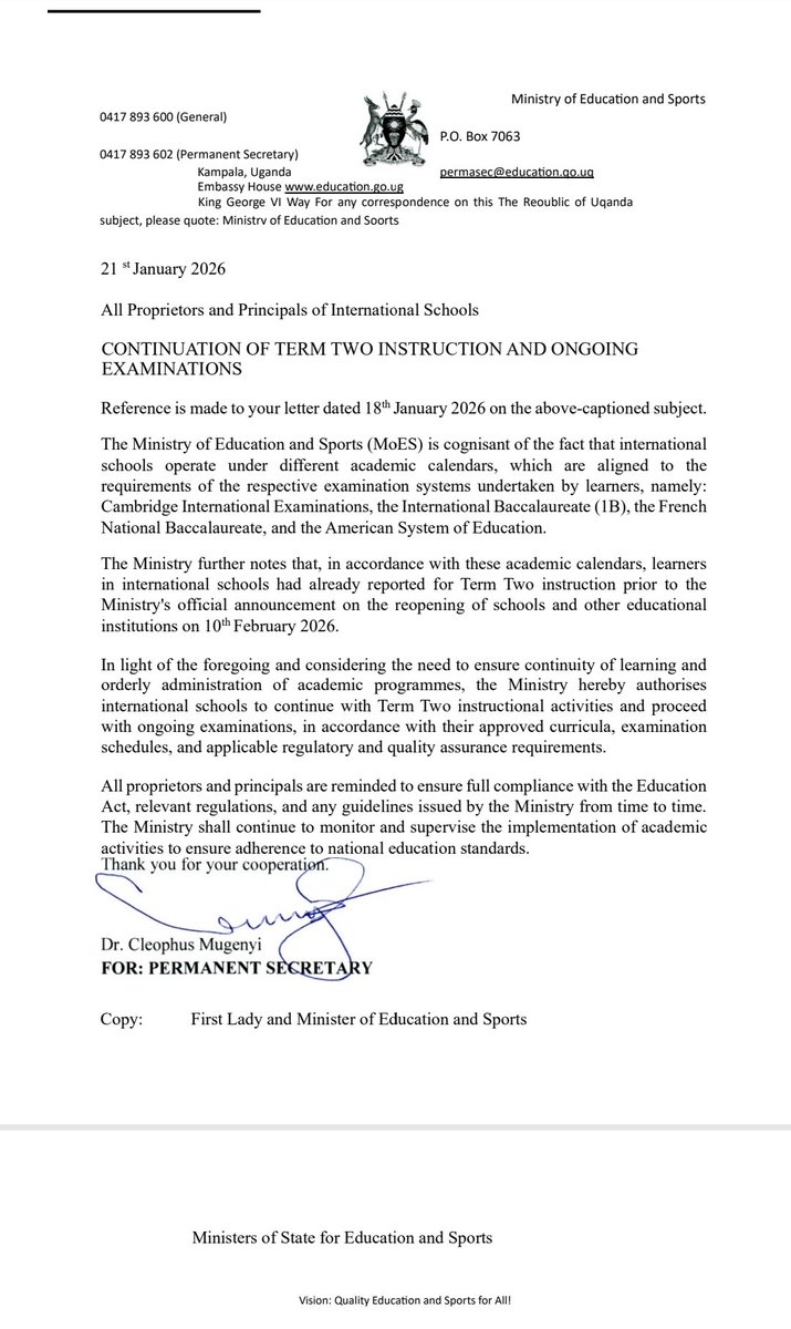 UgandaMediaCent's tweet photo. 𝐒𝐓𝐀𝐓𝐄𝐌𝐄𝐍𝐓 | The Ministry of Education and Sports has cleared international schools to continue Term Two lessons and proceed with ongoing exams, in line with approved curricula, exam timetables, and regulatory quality standards. | #EducUG https://t.co/cI1jakwj3g