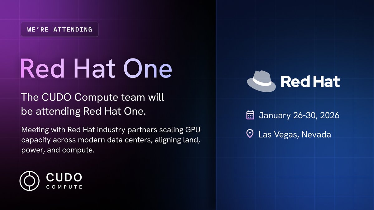 Production #AI only scales when land, power, and compute move together.

Next week we’ll be in Las Vegas for <a href="/RedHat/">Red Hat</a> One ecosystem discussions. Dean and Mark from our team are attending.

CUDO is built to move AI from pilots into power-backed production. #LifeAtRedHat