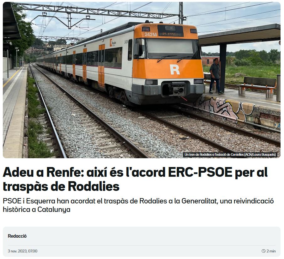 dempeusXindepe's tweet image. 🚆De debò creieu que @Esquerra_ERC farà la  independència? Si ni poden aconseguir un trist finançament després de fer el 2023 president @sanchezcastejon a canvi d'un traspàs de @rodalies que no arriba i que tindrà majoria espanyola.

👉El finançament que ens cal és el de Portugal