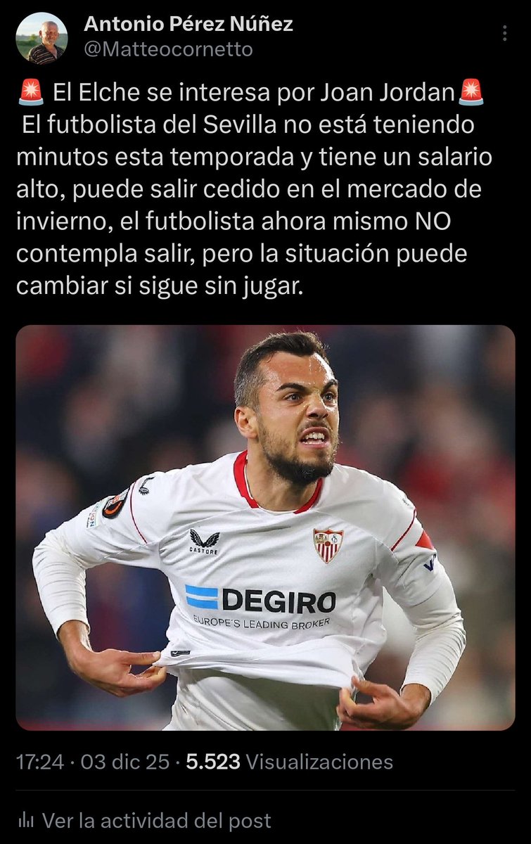Como adelanté hace más de un mes, Joan Jordan NO quiere salir del Sevilla,  el club lo quiere fuera para ahorrarse su alta ficha, podría acabar aquí si acaba saliendo.