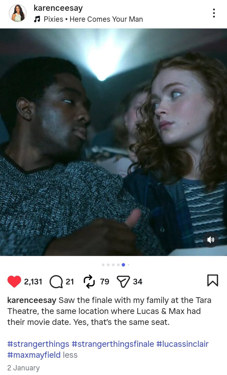 The actress who plays Sue Sinclair(Lucas's mom) went to see the finale in Tara theatre, where 'lumax movie date' scene was shot, she sat on the exact same seat where they sat &amp; posted this with 'here comes your man' song.
So adorable 😭❤️