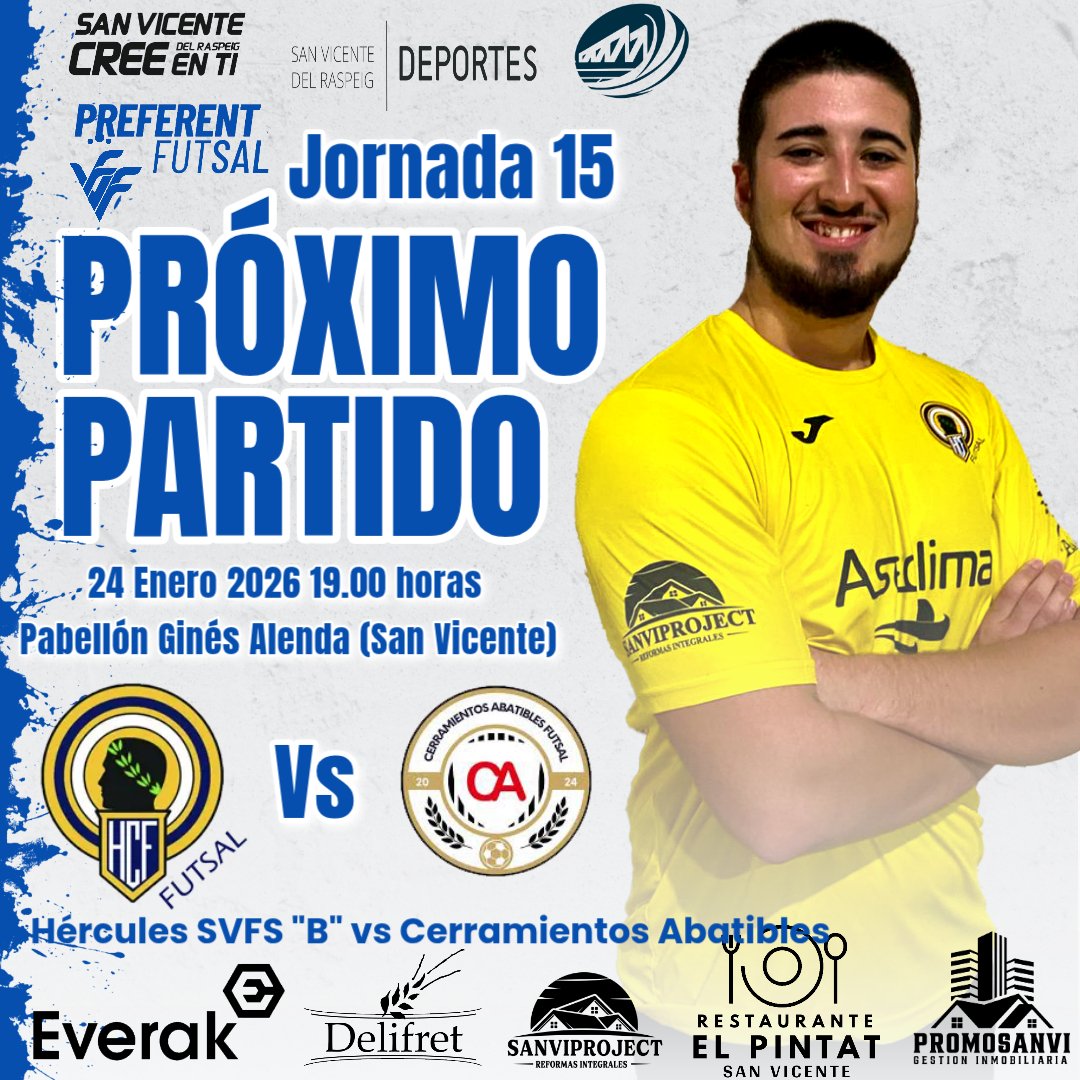 ⚽𝐏𝐑Ó𝐗𝐈𝐌𝐎 𝐏𝐀𝐑𝐓𝐈𝐃𝐎⚽⏪
⏰HORARIOS|⚔️#PreferenteFFCV

⏩ Next match |
⚔️𝐉𝐨𝐫𝐧𝐚𝐝𝐚 𝟏𝟓

🔝¡PARTIDAZO! Nos visita el líder de la categoría.

📆 Sábado 24/01/26
⚔️ #CerraminetosAbatibles
⏰ 19:00h
🏟️ Pabellón Ginés Alenda
📌San Vicente

#MachoHércules #VamosHSV💙🤍