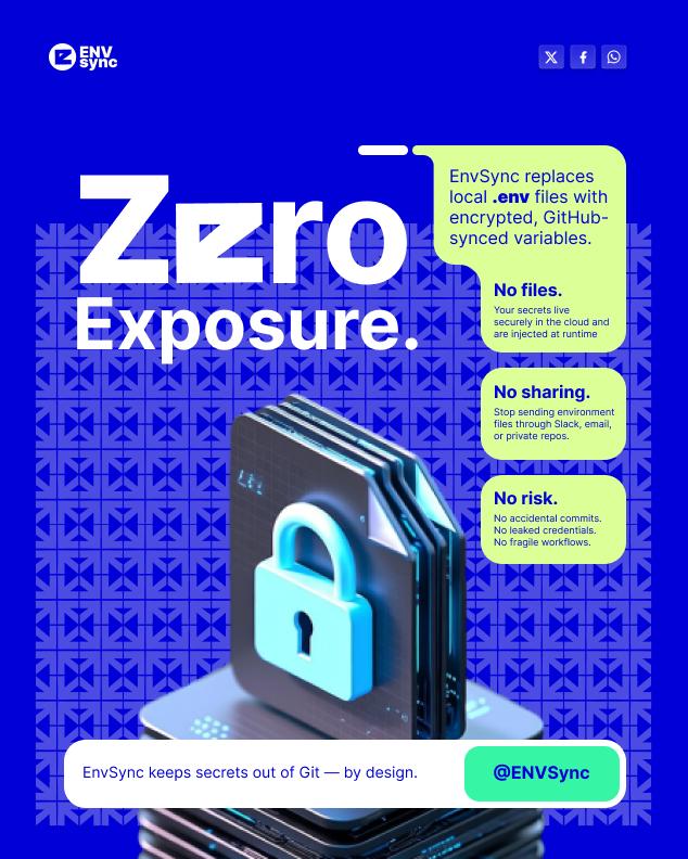 envsync's tweet photo. Zero exposure isn’t a promise it’s the default.
EnvSync keeps secrets encrypted, off Git, and injected only when they’re needed.

#EnvSync #SecretsManagement #DevSecurity #DevOps #CloudSecurity #APISecurity #BuiltForDevelopers https://t.co/sfGmsyniQV