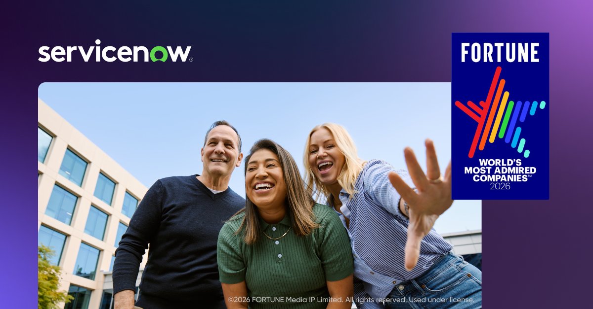 jsilveir's tweet photo. Pleased to share that ServiceNow is one of Fortune World’s Most Admired Companies for the seventh year in a row. This recognition reflects what drew me here: talented teammates, a culture of innovation, and leaders who genuinely care.

Read more: https://t.co/LoR2sBqsYm https://t.co/5FjBD9FsGO