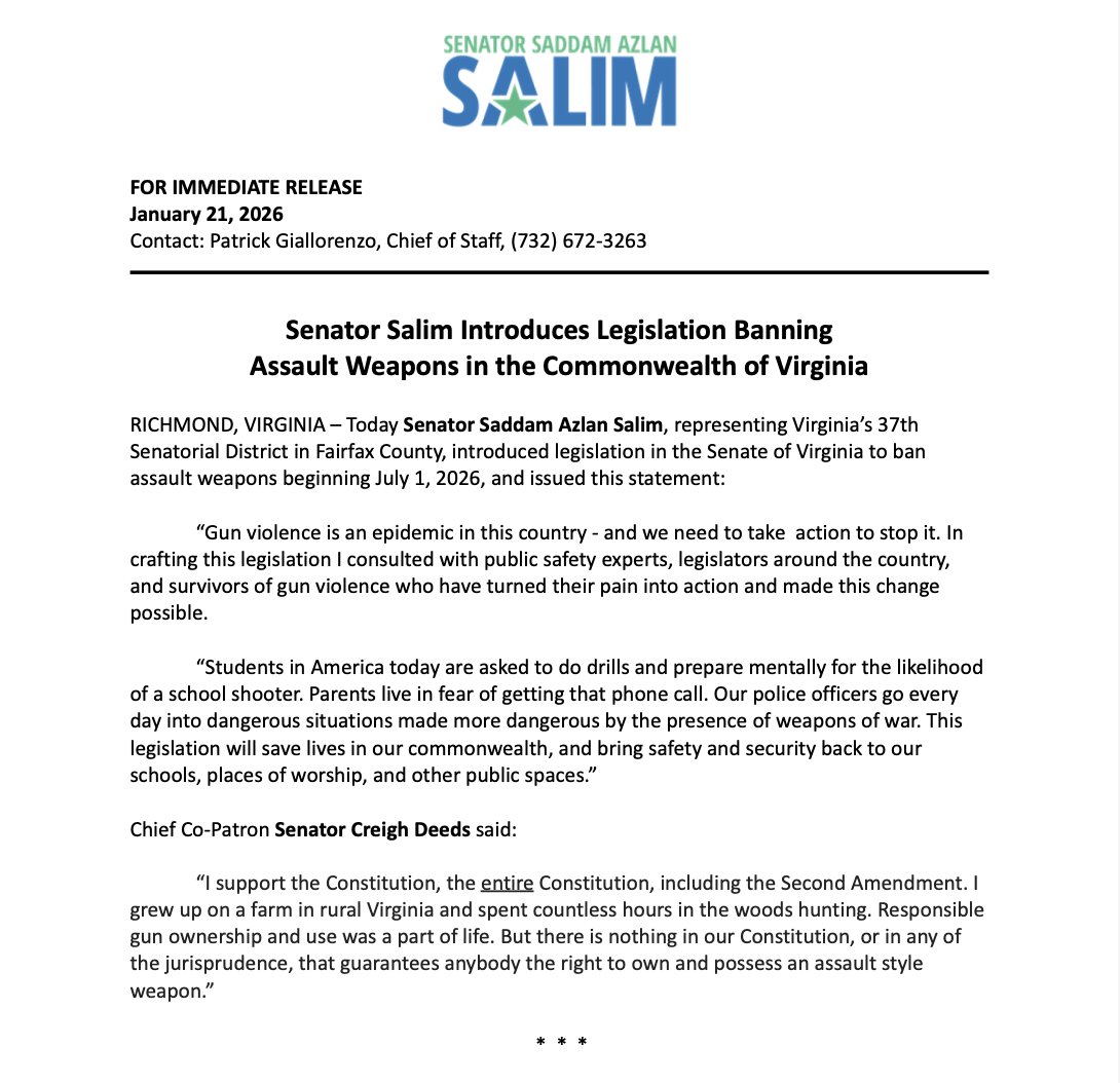 SalimForVA's tweet photo. Today I introduced SB749, a bill to ban assault weapons, an issue I ran on in 2023. Virginians are tired of living in fear of a mass shooting, and tired of government inaction. That ends this year. @GIFFORDS_org @Everytown @bradybuzz https://t.co/4UXWazwoLx
