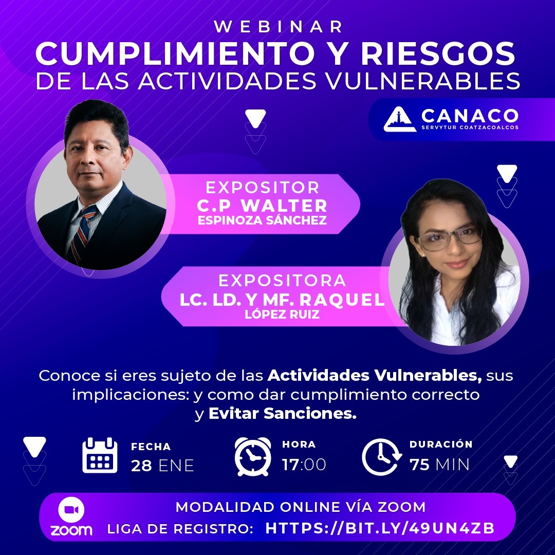CANACOCoatza's tweet photo. Te invitamos al webinar
𝐂𝐮𝐦𝐩𝐥𝐢𝐦𝐢𝐞𝐧𝐭𝐨 𝐲 𝐑𝐢𝐞𝐬𝐠𝐨𝐬 𝐝𝐞 𝐥𝐚𝐬 𝐀𝐜𝐭𝐢𝐯𝐢𝐝𝐚𝐝𝐞𝐬 𝐕𝐮𝐥𝐧𝐞𝐫𝐚𝐛𝐥𝐞𝐬 Miércoles 28 de enero 2026
17:00 hrs. (CDMX)
Plataforma Zoom ¡Regístrate! https://t.co/AC0GpC8qb0
¡APARTA LA FECHA
#MiércolesDeCapacitación #Coatza #Canaco https://t.co/FOL4HXKJlN