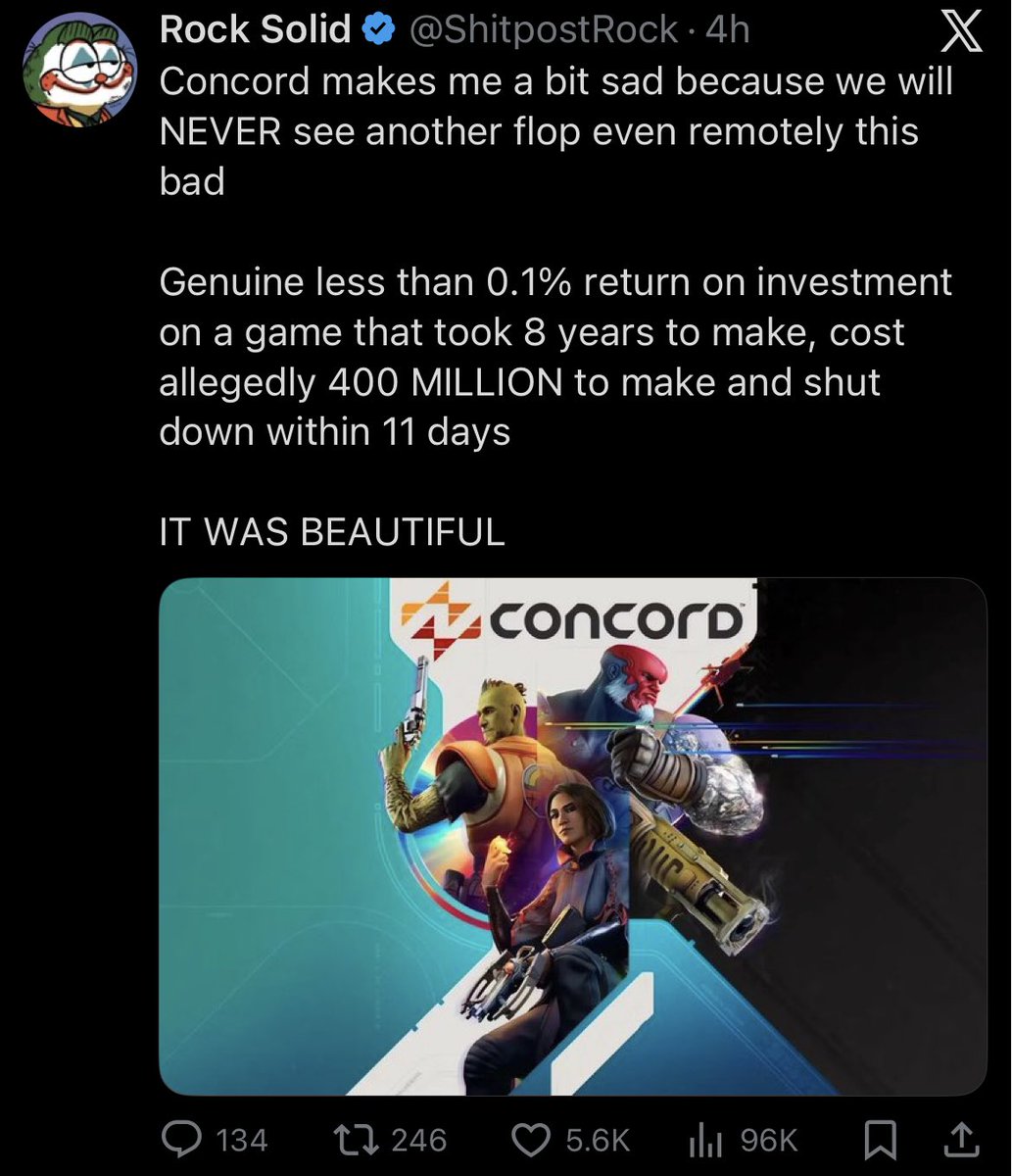 See I’m not a concord sympathizer, but also the take that you want games to fail is cringe. Yeah concord wasn’t my jam, and it failed. That doesn’t mean I felt joy when it failed. So many trolls just jump for joy when a game fails and I think that’s weird.