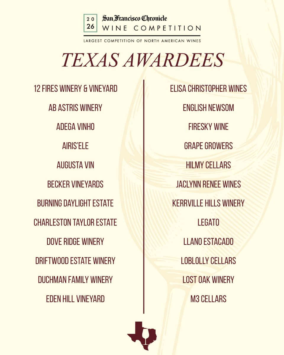 Commissioner Sid Miller would like to congratulate the following Texas wineries for earning awards at the 2026 San Francisco Chronicle Wine Competition!