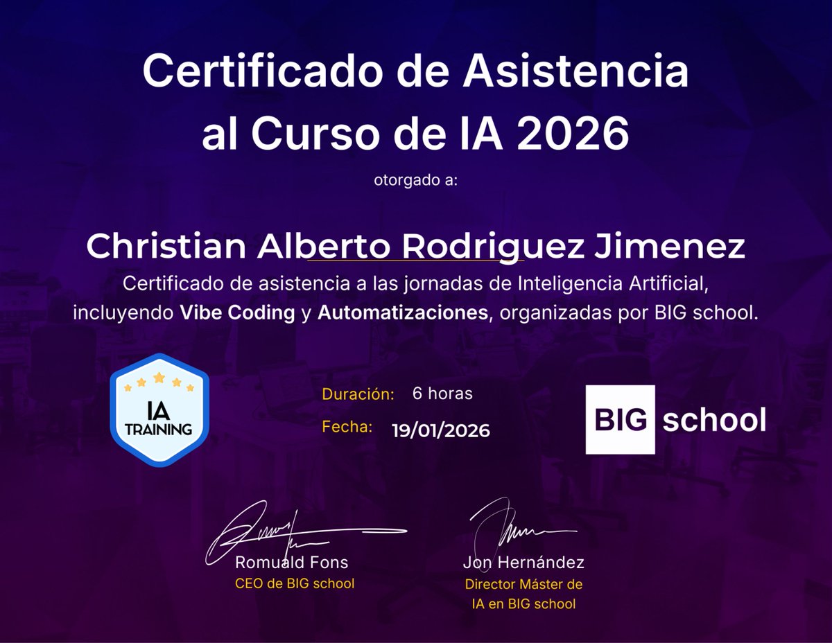 SoyChristianRod's tweet photo. Certificado de IA en Vibe coding y Automatización.
La IA es una herramienta fundamental para el presente y futuro. Debemos aprender a comunicarnos con ella para obtener resultados óptimos. https://t.co/k0Zh3d8nhL