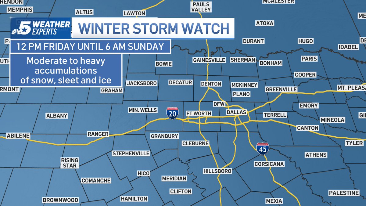 NBCDFWWeather's tweet photo. 1:18 p.m. Wednesday: An EXTREME COLD WATCH and WINTER STORM WATCH will be in effect for North Texas, including Dallas and Fort Worth, this weekend. Expect dangerous wind chills, snow, sleet and ice. @nbcdfw @ksmithnbc5 #NBCDFWWeather @NBCDFWWeather https://t.co/3lSqrJexwe