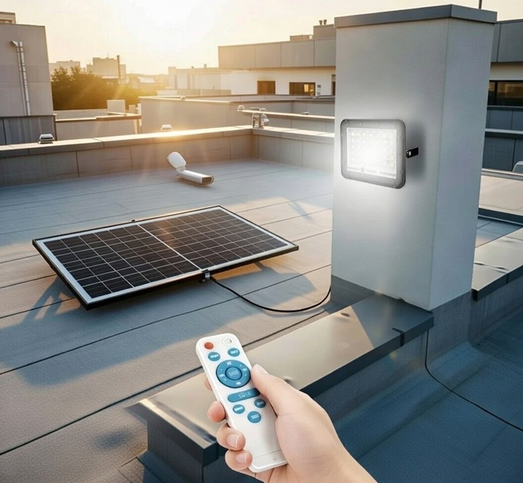 Proyector solar FORGE 100W 1350 lm 6500K IP65 con panel, batería y mando a distancia, instalación fácil, luz potente y autónoma. #proyectorsolar #FORGE #panelsolar #bateríasolar #luzsolar #iluminaciónexterior #100W #1350lm — 93 473 90 85