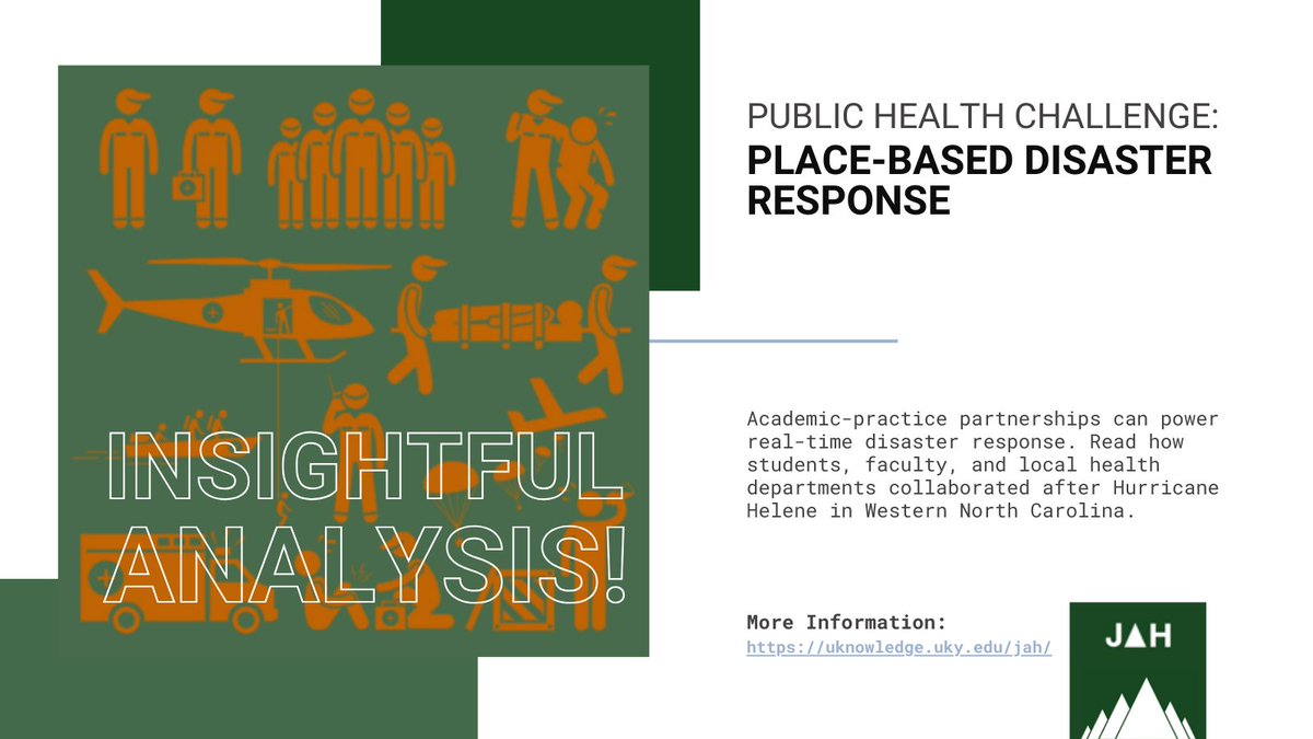 AppalachHealth's tweet photo. When disaster strikes, relationships matter. This new Journal of Appalachian Health article explores how Academic Health Departments supported place-based recovery after Hurricane Helene in Western NC.
🔗 https://t.co/nE21WLajkn https://t.co/97dpf9XQ30