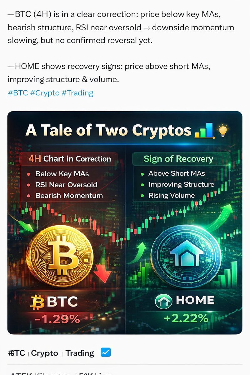 BTC & HOME analysis. BTC (4H) is in a clear correction: price below key  MAs, bearish structure, RSI near oversold → downside momentum slowing, but  no confirmed reversal yet. HOME shows recovery