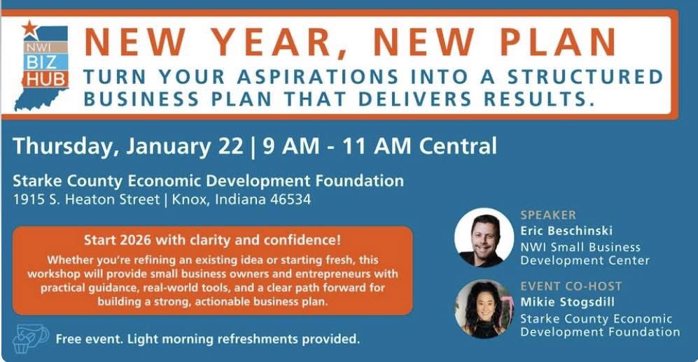 ✨Start Fresh, Start Strong Starting Tomorrow ✨

Our Eric is landing in Starke County to help entrepreneurs build a business plan from 9 to 11 am Thursday Jan. 22.

Register: tinyurl.com/3tpxfnxy