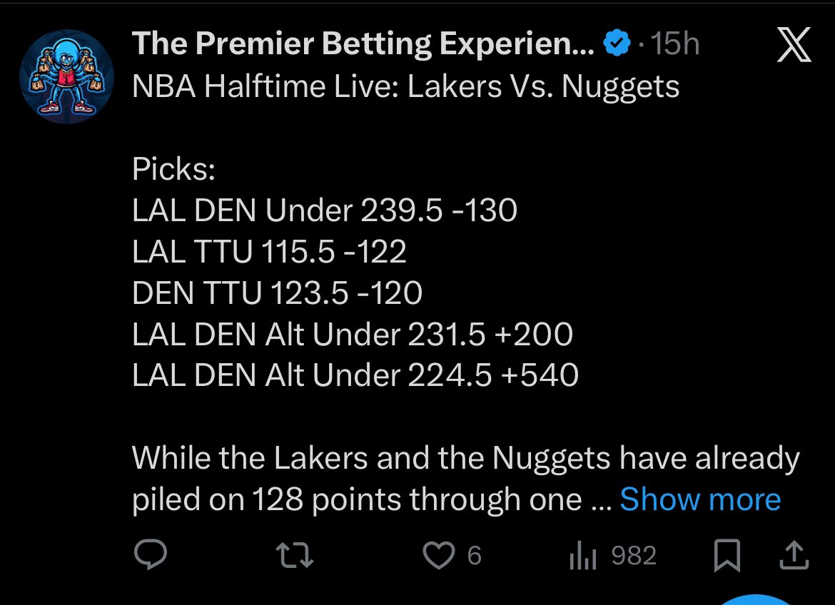 SRCGROUP2K's tweet image. NBA Halftime Live 3U+ Free
🏀MIA SAC U256.5✅
🏀MIA TTU 133.5✅
🏀SAC TTU 123.5✅
🏀LAL DEN U239.5✅
🏀LAL TTU 115.5✅
🏀DEN TTU 123.5✅
🏀PHI TTO 107.5✅
🏀LAC TTO 106.5✅
🏀LAC +17.5❌
🏀PHI +5.5❌
🏀CHI TTU 125.5❌
🏀PHO TTU 112.5❌