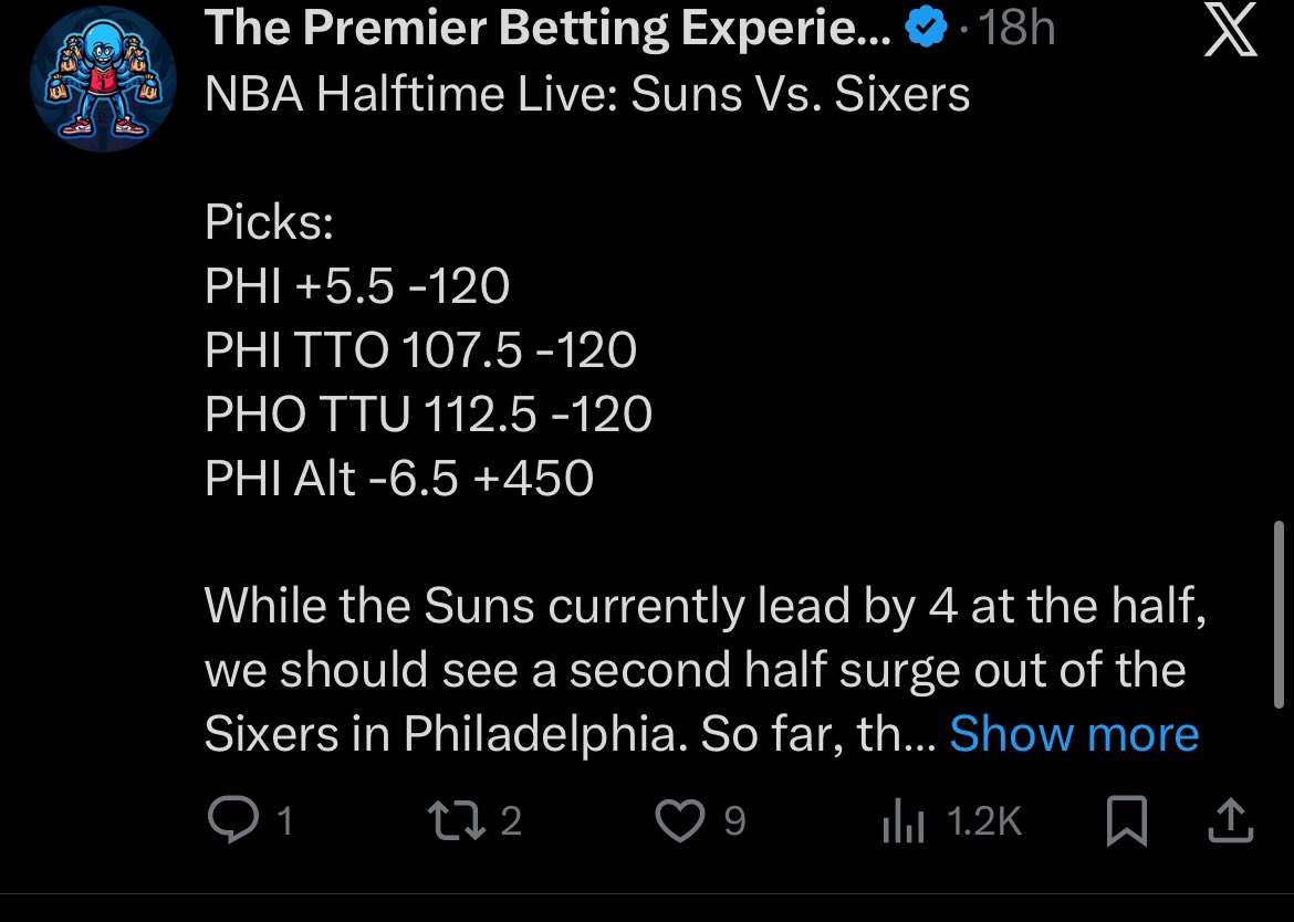 SRCGROUP2K's tweet image. NBA Halftime Live 3U+ Free
🏀MIA SAC U256.5✅
🏀MIA TTU 133.5✅
🏀SAC TTU 123.5✅
🏀LAL DEN U239.5✅
🏀LAL TTU 115.5✅
🏀DEN TTU 123.5✅
🏀PHI TTO 107.5✅
🏀LAC TTO 106.5✅
🏀LAC +17.5❌
🏀PHI +5.5❌
🏀CHI TTU 125.5❌
🏀PHO TTU 112.5❌