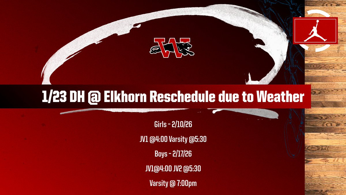 WilmotSports's tweet photo. Attention athletes and fans! The 1/23 DH @ Elkhorn has been rescheduled due to weather. Girls will play on 2/10/26 and Boys on 2/17/26. Mark your calendars! https://t.co/ArIxy5nIIY