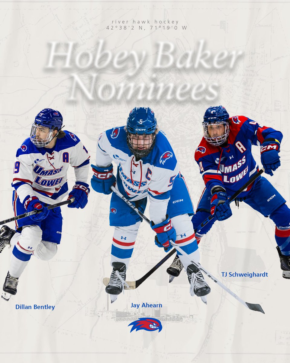 RiverHawkHockey's tweet photo. River Hawks for Hobey‼️🌟

Dilan Bentley, Jay Ahearn, and TJ Schweighardt have been named nominees for the 2026 @HobeyBakerAward (top player in DI men's college hockey)!

VOTE ➡️: https://t.co/fYIKl5AJFf

#UnitedInBlue https://t.co/eK2EPQNE2p