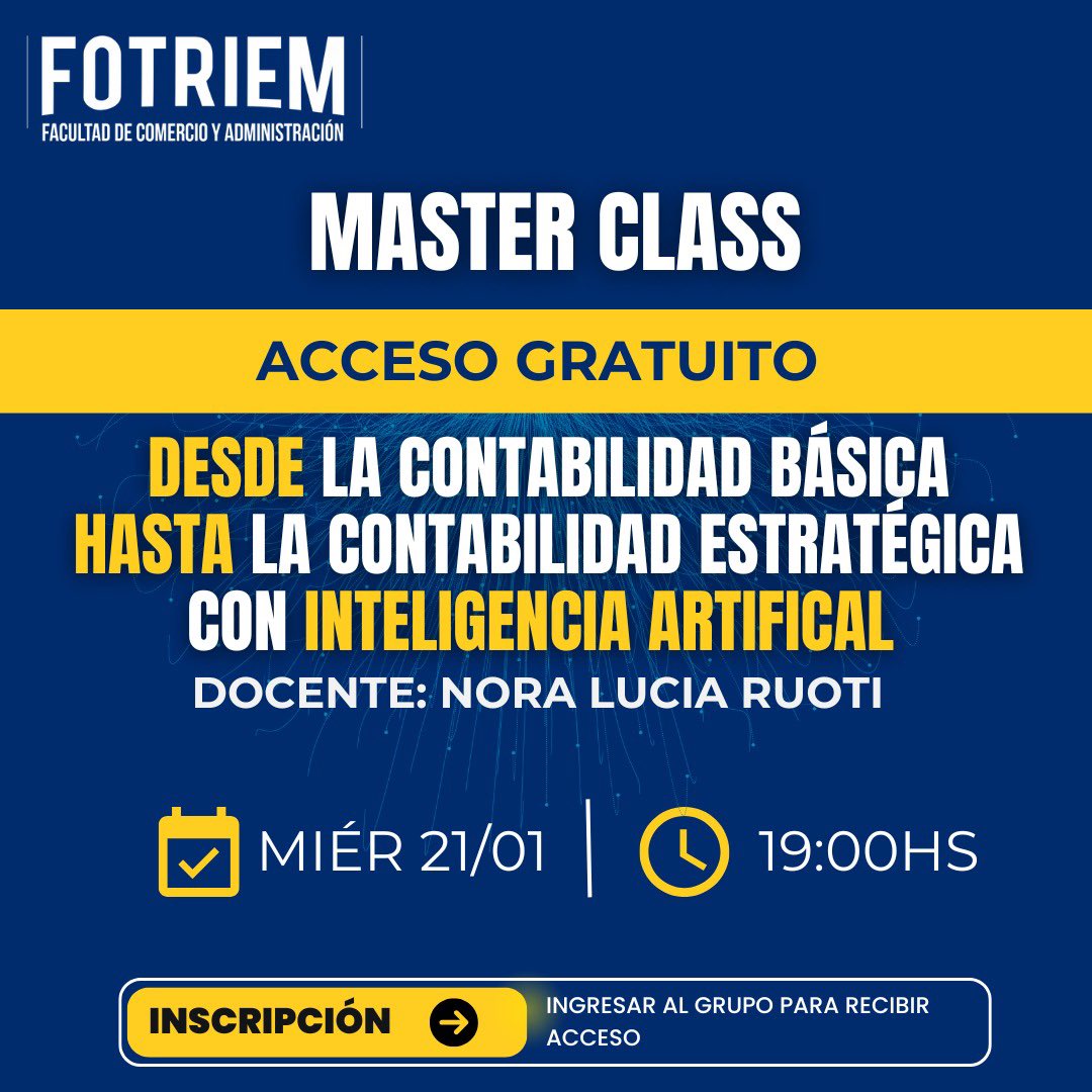 Hola 👋
Te invitamos a participar de la *Master Class: Desde la Contabilidad Básica hasta la contabilidad Estratégica con Inteligencia Artificial*, a cargo de la *Prof. Nora Lucía Ruoti.*

📅 21/01
🕖 19:00 a 20:00hs
🎯 gratuito_

👉 
🔗 chat.whatsapp.com/JPQzDjNENZELvh…

¡Te esperamos!