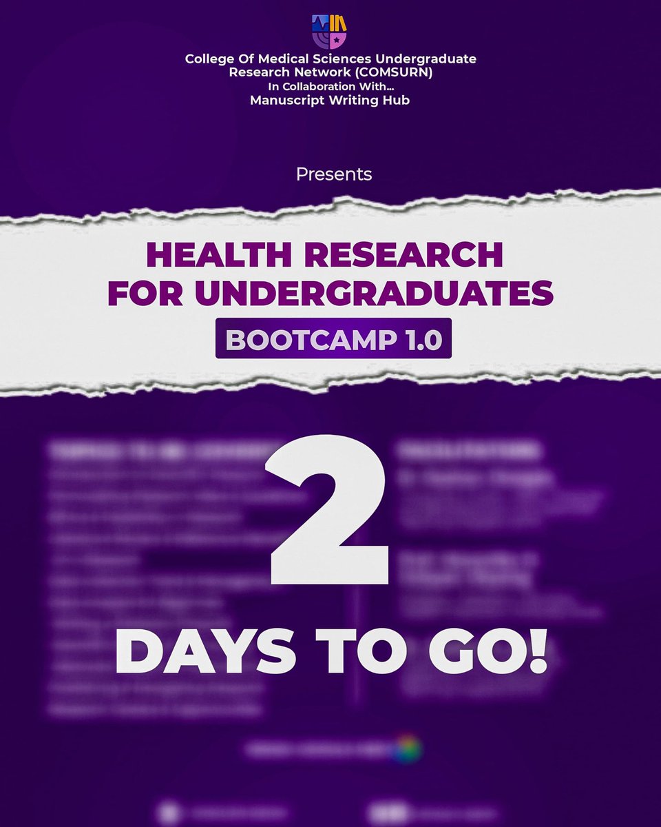 comsurn_benin's tweet photo. ⏳ Bootcamp Countdown!

Health Research for Undergraduates – Bootcamp 1.0 helps you build strong foundations in health research.
📅 Jan 23–Mar 8 | 💻 Google Meet &amp; YouTube
✨ Free training | 🎓 Certificate (paid)
🔗 https://t.co/kSqWUEz9hD

#COMSURN #UndergraduateResearch https://t.co/clI72l1WFD