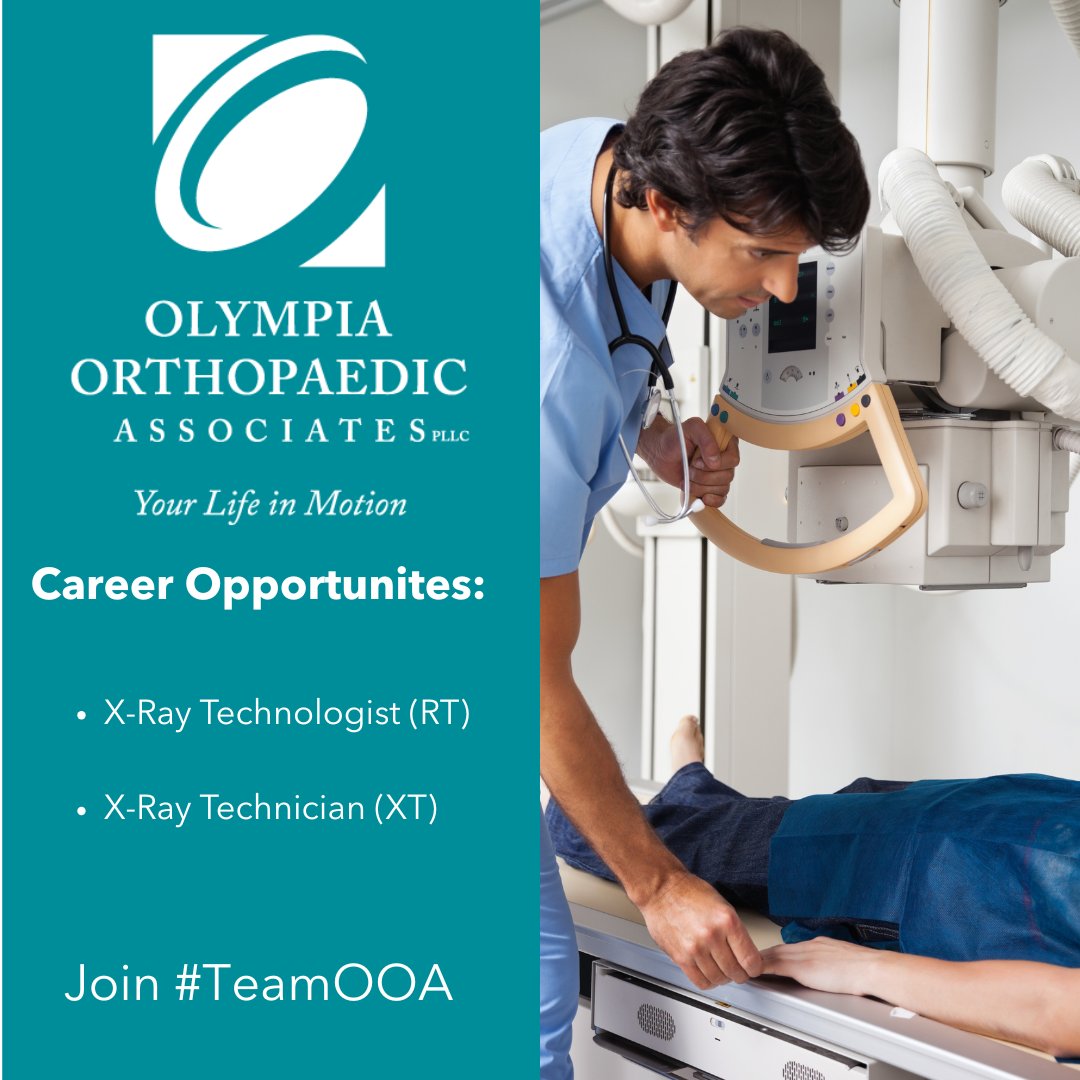 We're hiring! OOA is looking for X-Ray Tech. (RT) &amp; Tech. (XT)! We have PT &amp; FT openings, all in an outpatient clinic setting – No overnights or call required! 
📞 Interested? Call 360-350-4859 or email careers@olyortho.com to learn more.
#JoinTeamOOA #LifeInMotion #XRayTechJobs