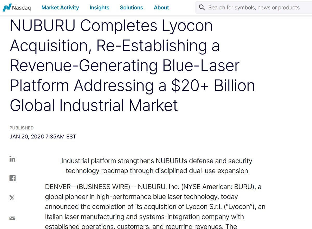 CrusaderStocks's tweet image. $BURU Latest News on NASDAQ.com NUBURU Completes Lyocon Acquisition, Re-Establishing a Revenue-Generating Blue-Laser Platform Addressing a $20  Billion Global Industrial Market | NASDAQ nasdaq.com/press-release/…
