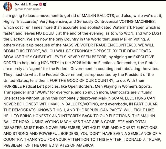 StandUpForTrmp's tweet image. 🚨BREAKING: The President of the United States signs an executive order ELIMINATING mail-in ballots and voting machines before the 2026 midterm elections. 

“By signing an EXECUTIVE ORDER to help bring HONESTY to the 2026 Midterm Elections.”

Do you firmly support trump on this?…