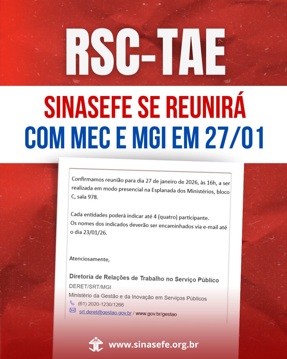 SINASEFE's tweet image. Carreira TAE | Acordos de Greve | Terça (27/01), em Brasília-DF, o SINASEFE se reunirá com representantes do MEC e do MGI para cobrar o cumprimento do Termo de Acordo nº 11/2024.

Será debatido o RSC-TAE, que foi descaracterizado pelo PL 6170/2025.

Mais: sinasefe.org.br/site/rsc-tae-s….