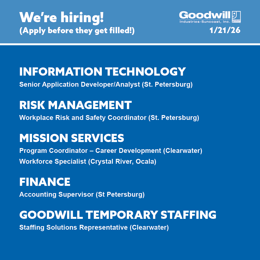 At Goodwill-Suncoast, we’re offering more than just a job—we provide a clear path for advancement and the unique fulfillment of supporting our local mission. Ready to level up? Start your next chapter by clicking the link! ow.ly/TUjJ50Y0QNR