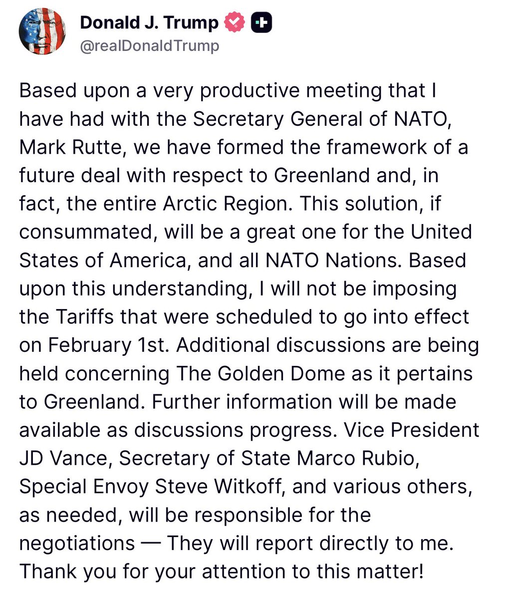 ShelbyTalcott's tweet photo. Trump, after a meeting with the secretary general of NATO, says they’ve “formed the framework of a future deal with respect to Greenland and, in fact, the entire Arctic Region.”

He says he won’t be imposing the new tariffs he recently announced as a result: https://t.co/Cur7evY9pi
