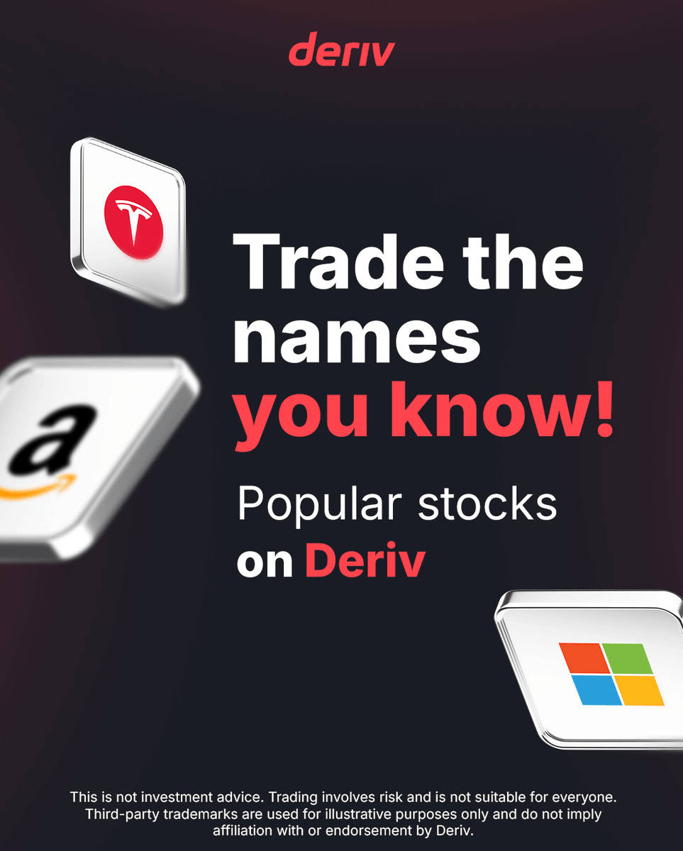 Derivdotcom's tweet photo. From tech giants to household brands, trade the stocks you know π±π
Apple, Tesla, Nike, Netflix, Amazon, and 45+ more on Deriv.
Sign up now to start trading risk-free on a demo account π https://t.co/abrLuisHA5
#Deriv #StocksTrading #PopularStocks
This is not investment advice. Trading involves risk and is not suitable for everyone.